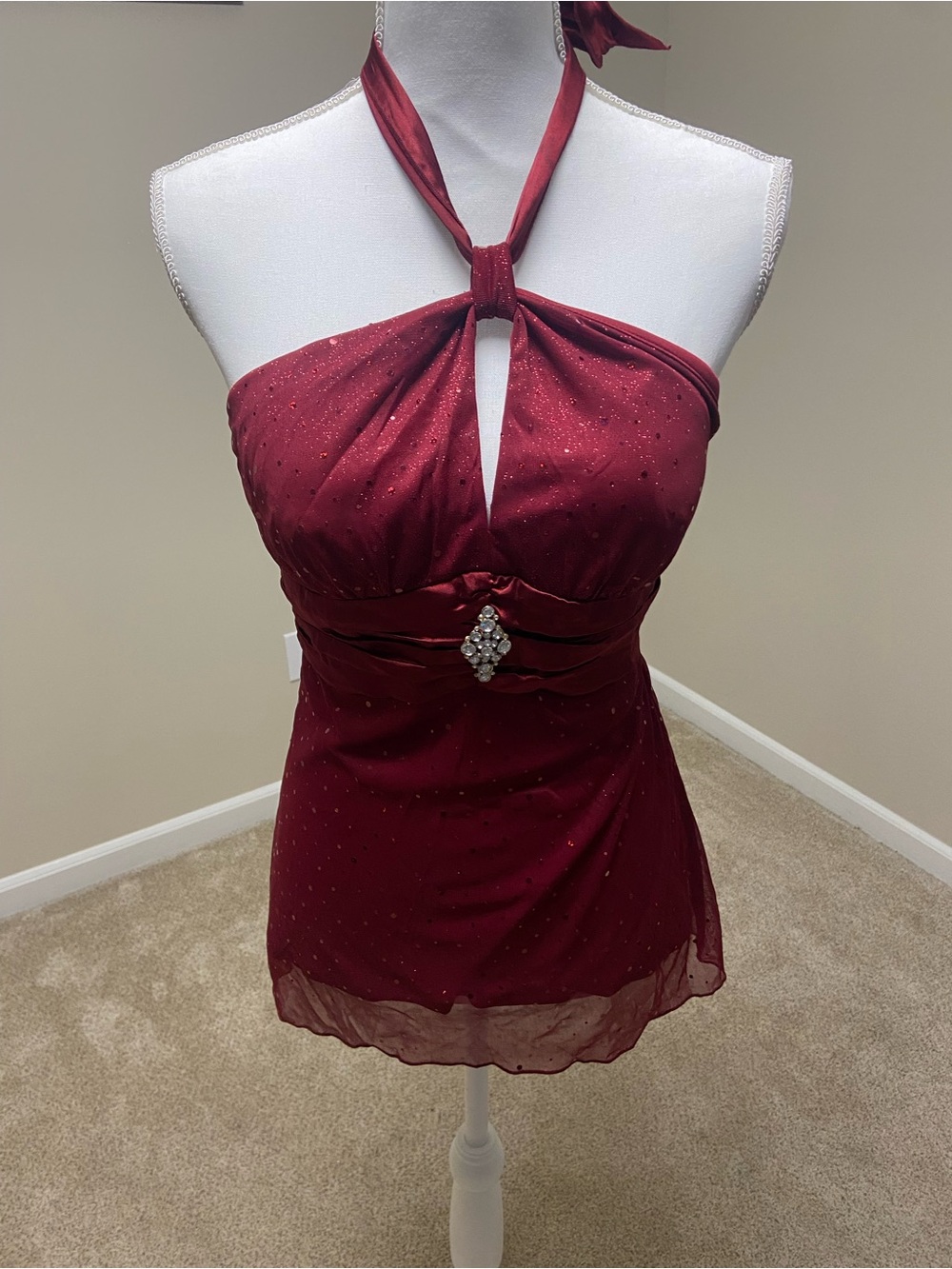 Trixxi Burgundy Strapless Halter Dress with Rhinestone Accent